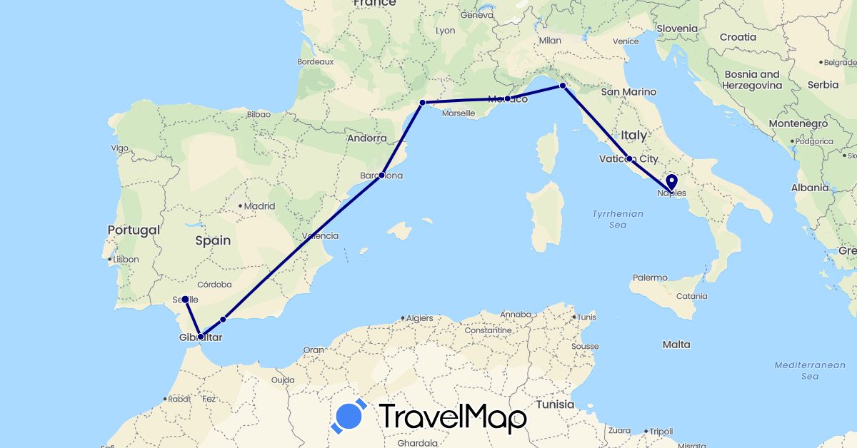 TravelMap itinerary: driving in Spain, France, Gibraltar, Italy, Monaco (Europe)
